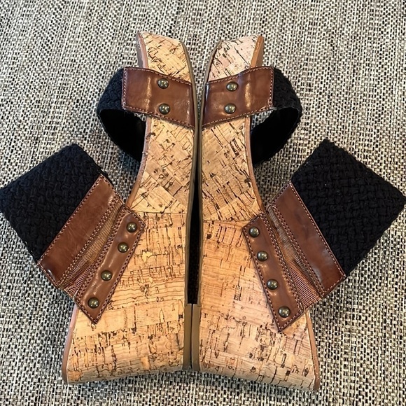 CROWN VINTAGE DOUBLE TROUBLE WEDGE SANDAL SHOES size 8.5 EUC wedges black brown - Picture 4 of 13